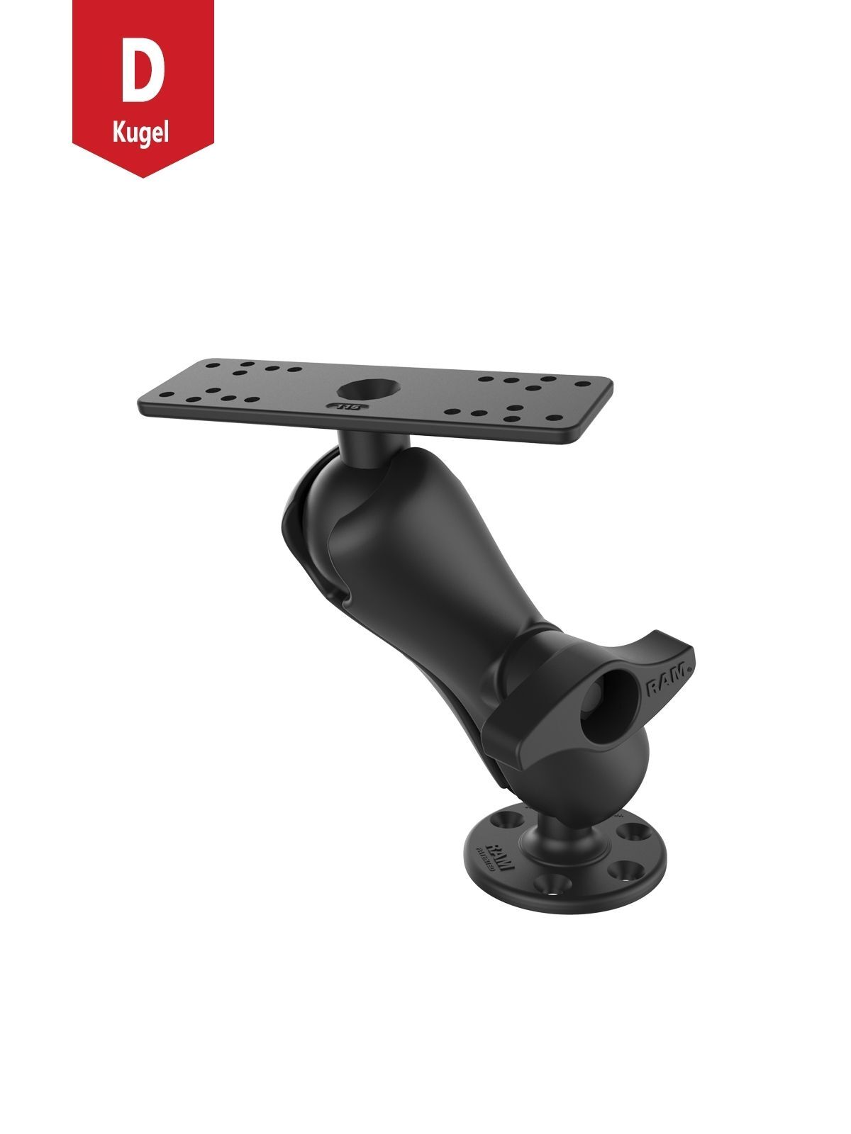 RAM Mounts Marine Aufbau-Set - 158,75x50,8 mm Basisplatte mit D-Kugel (2,25 Zoll), mittlerer Verbindungsarm, runde Basisplatte mit 120° Lochraster und