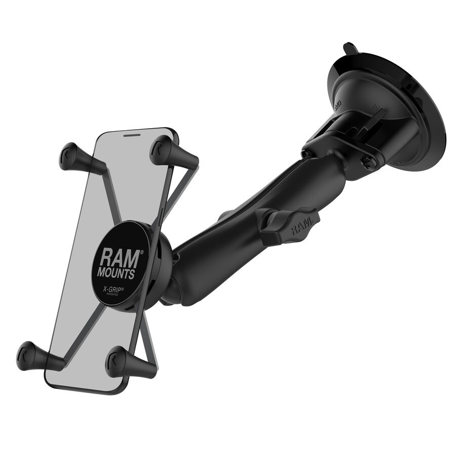 RAM Mounts X-Grip Saugfuß-Halterung für Smartphones - Bis 114,3 mm Breite - Langer Verbindungsarm - Saugfuß mit Trapez-Basiskugel - B-Kugel (1 Zoll) - Schrauben-Set