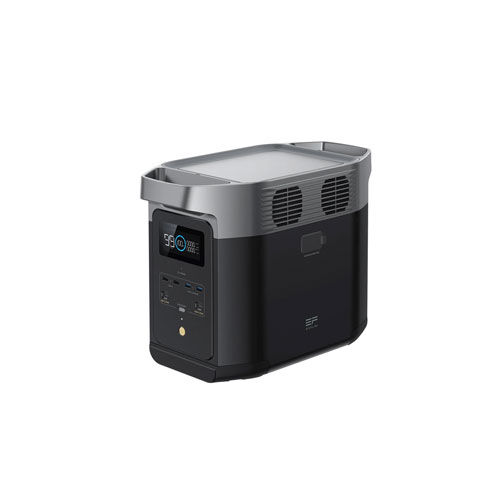 Schwarze Powerstation mit grauem Griff und digitalem Display in Vorderansicht vor weißem Hintergrund