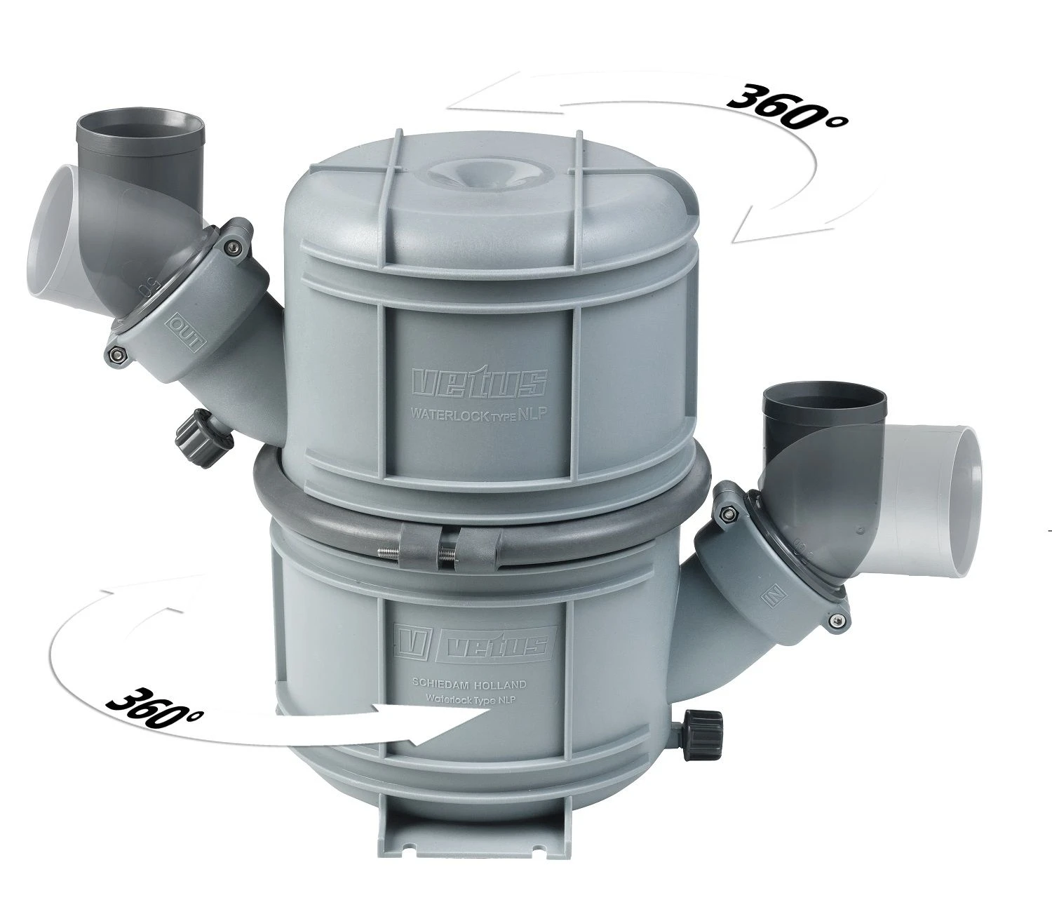 Rotatable waterlock/muffler type NLP65, with rotating inlet and outlet for Ø 65 mm hose