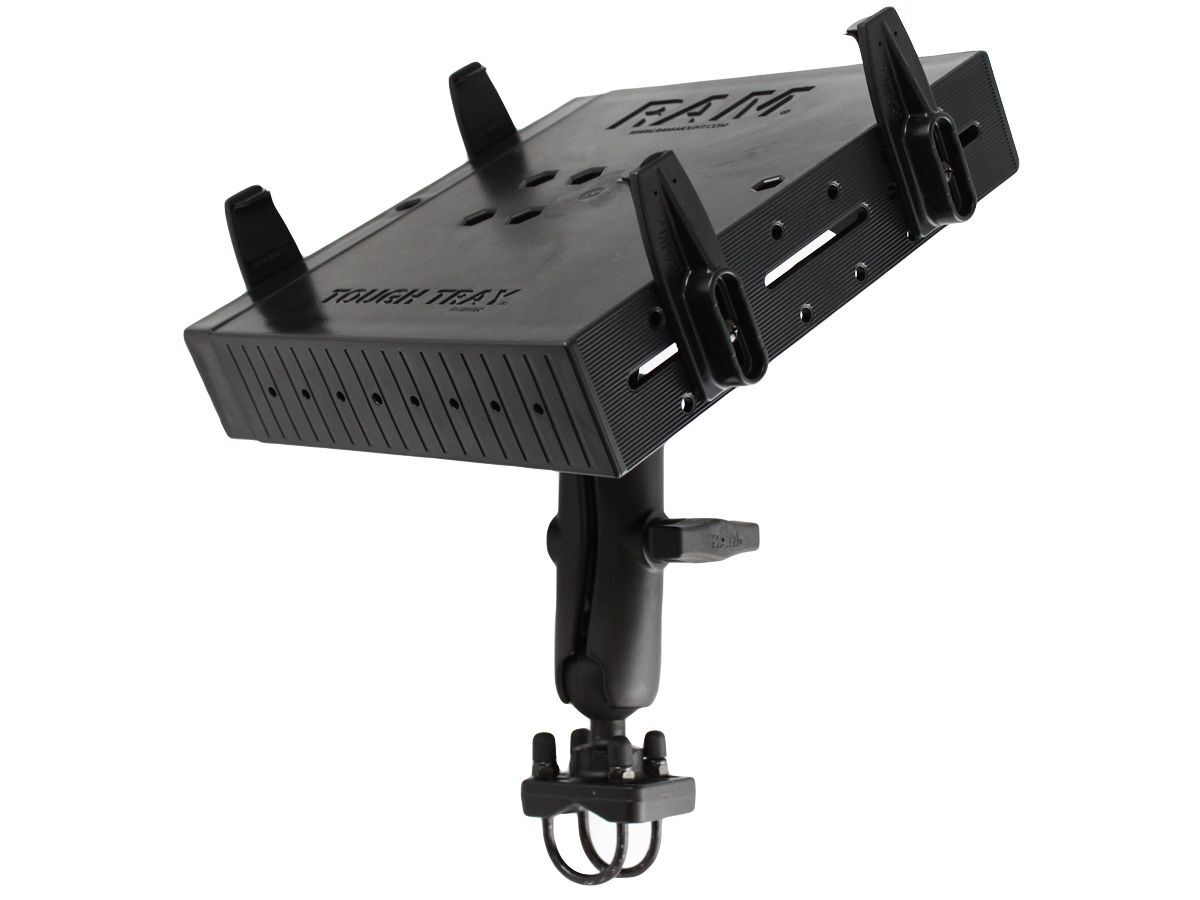RAM Mounts Set für Laptops/Drucker - Doppel-Klemmschelle, mittlerer Verbindungsarm, runde Basisplatte (AMPS), Tough-Tray, C-Kugel (1,5 Zoll), im Polyb