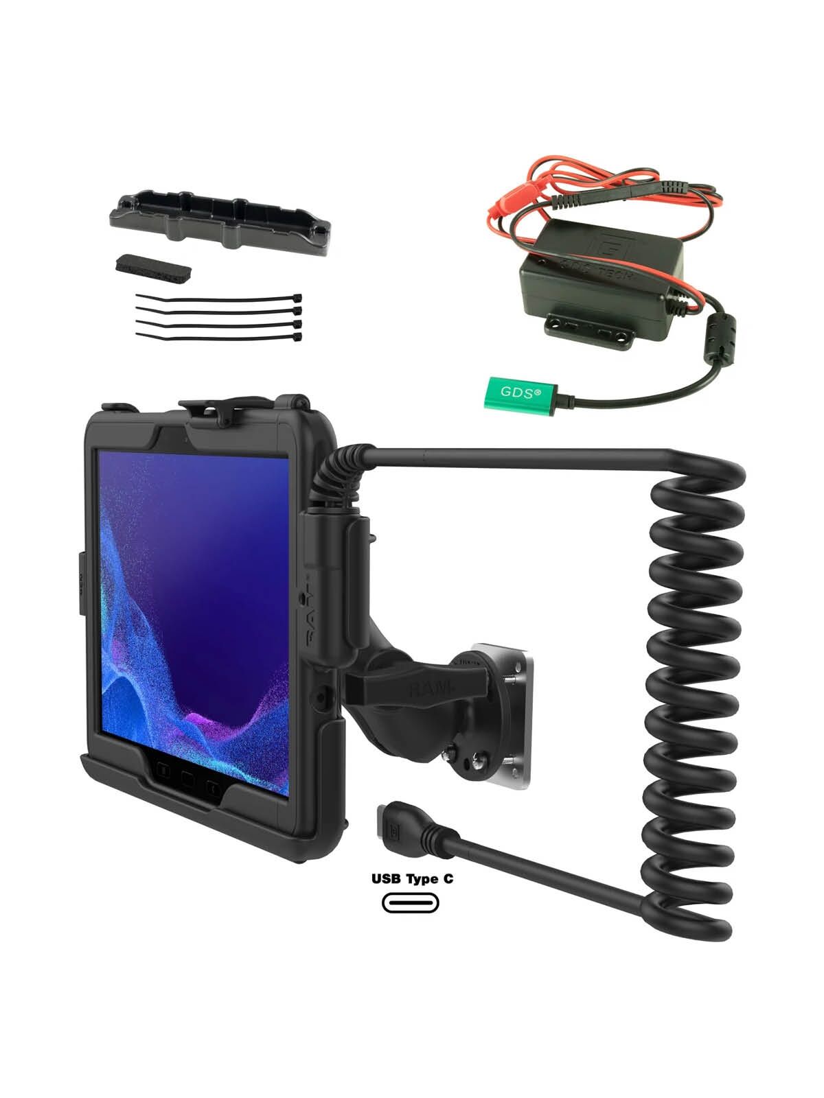 RAM Mounts Tough-Case Ladestation Samsung Tab Active4 Pro & Active5 Pro - C-Kugel (1,5 Zoll), USB-C, 12-24V Eingang