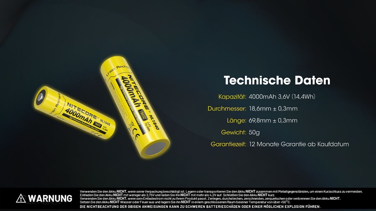 Nitecore Li-Ion Akku 18650, 4000mAh - NL1840