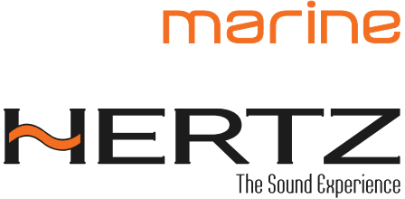 Das offizielle Logo der Marke Hertz Marine in den Farben Orange und Schwarz mit dem Schriftzug The Sound Experience.