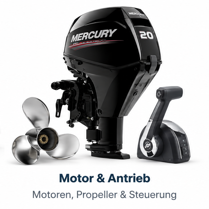 Mercury Bootsmotor 20 mit Propeller und Steuerung auf weiBem Hintergrund