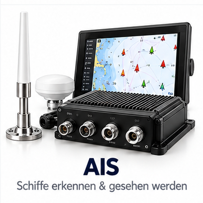 Komplettes AIS-Set mit Empfänger, Monitor, GPS-Antenne und Stabantenne vor weißem Hintergrund.