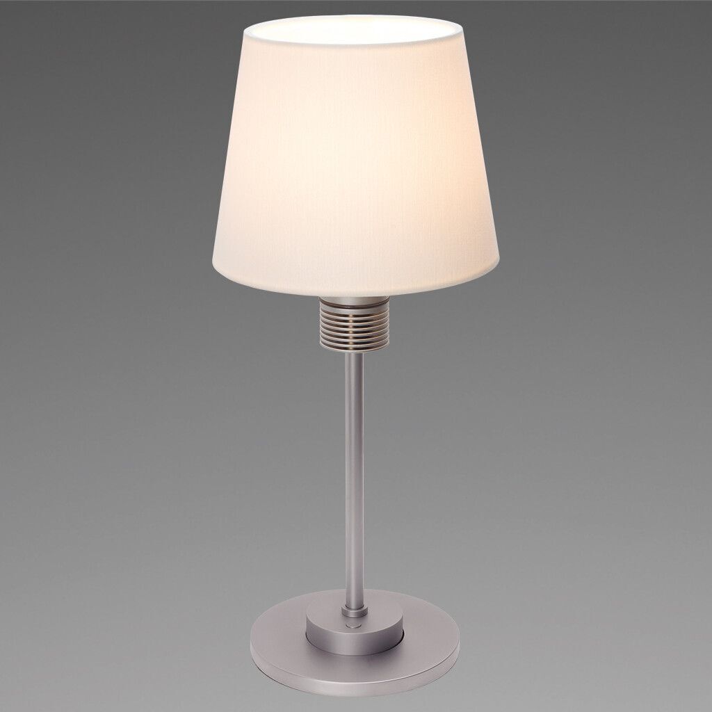 LED-Tischleuchte KATI table HV, chrom-matt, warmweiß, Schirm rund weiß, 230V AC, max. 6W, mit Dimmer