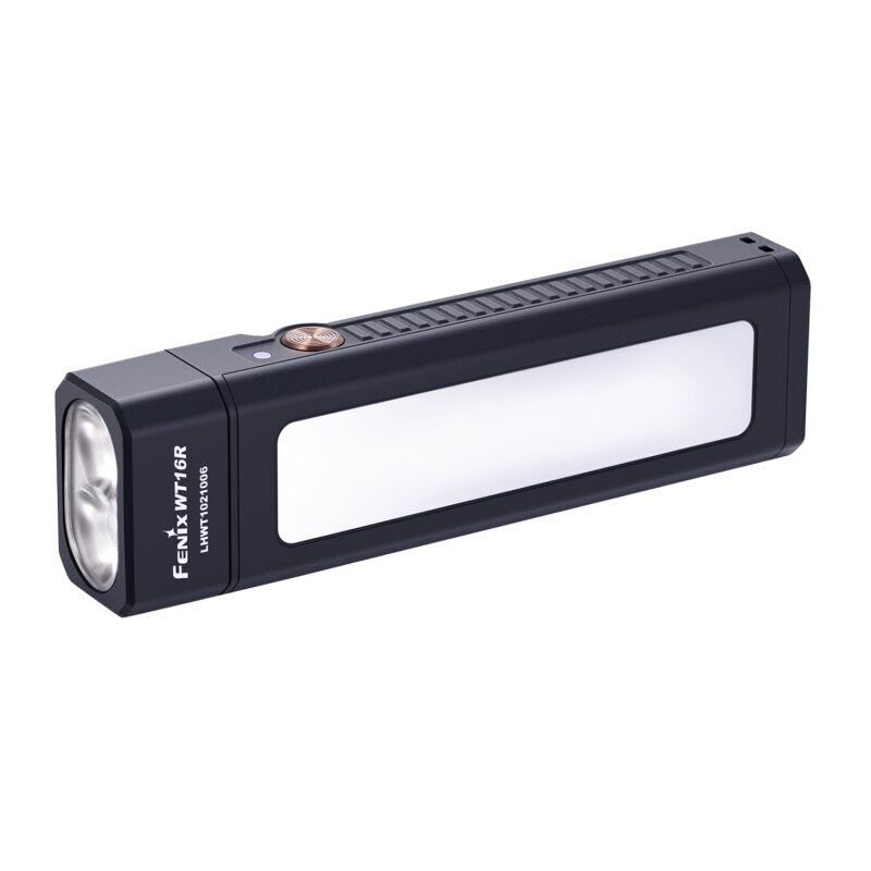 Schwarze Fenix WT16R LED Taschenlampe und Arbeitsleuchte mit Spotlicht und integriertem Flutlicht.