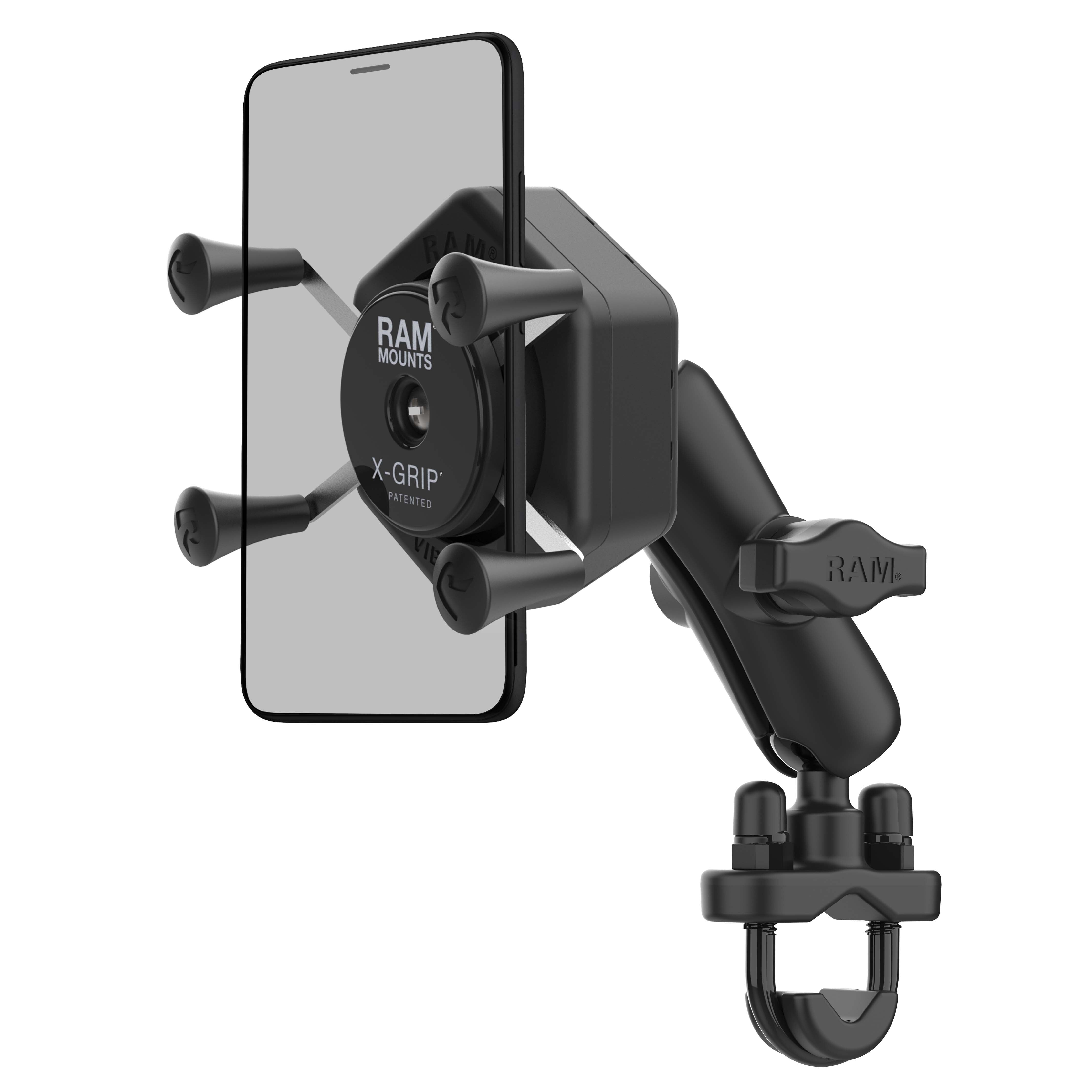 RAM Mounts X-Grip Lenker-/Rohr-Halterung für Smartphones bis 82,6 mm Breite mit Vibe-Safe Adapter - B-Kugel (1 Zoll), Rohr-Klemme, mittlerer Verbindungsarm