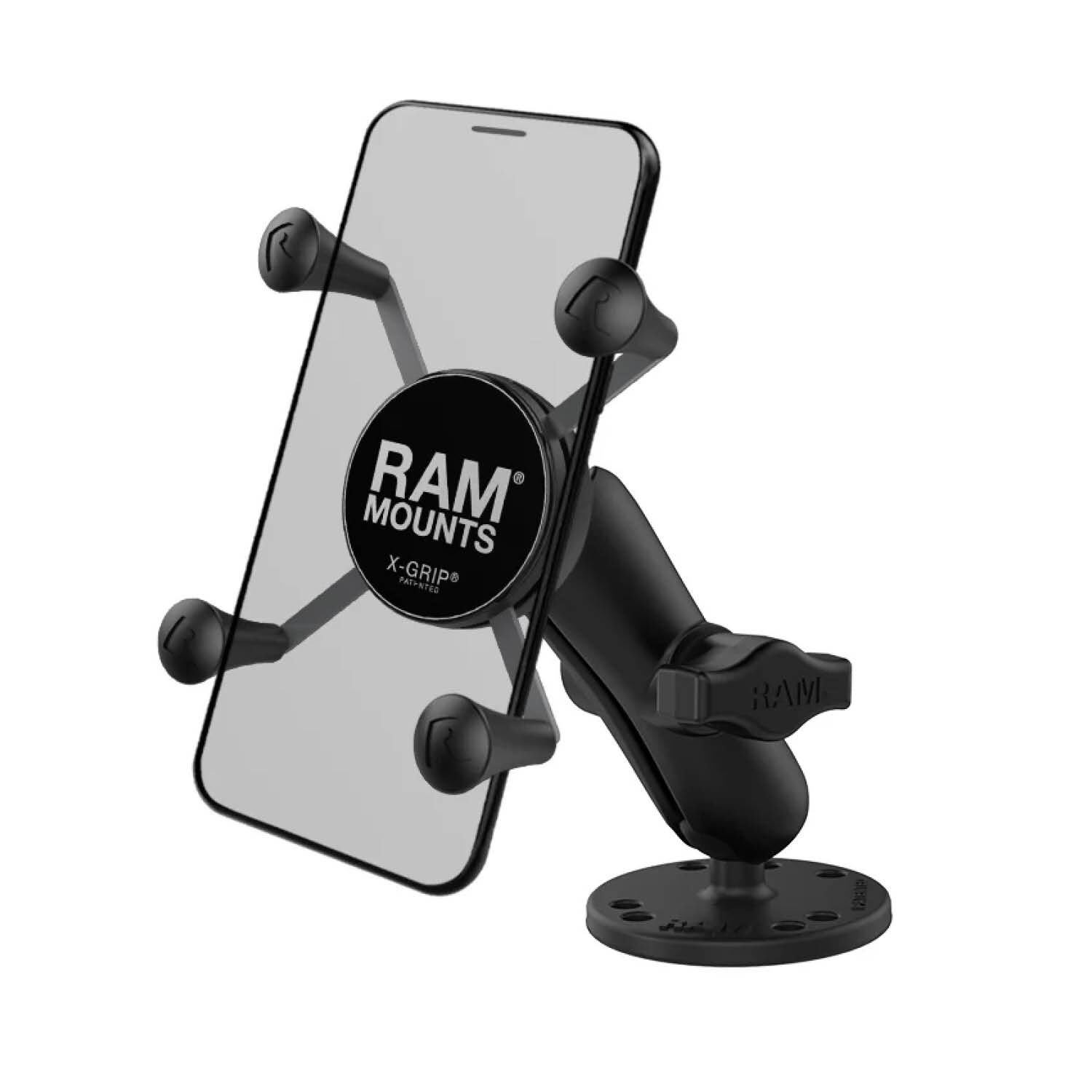 RAM Mounts X-Grip Aufbauhalterung für Smartphones - Bis 82,55 mm Breite - Mittlerer Verbindungsarm - Runde Basisplatte (AMPS) - B-Kugel (1 Zoll)