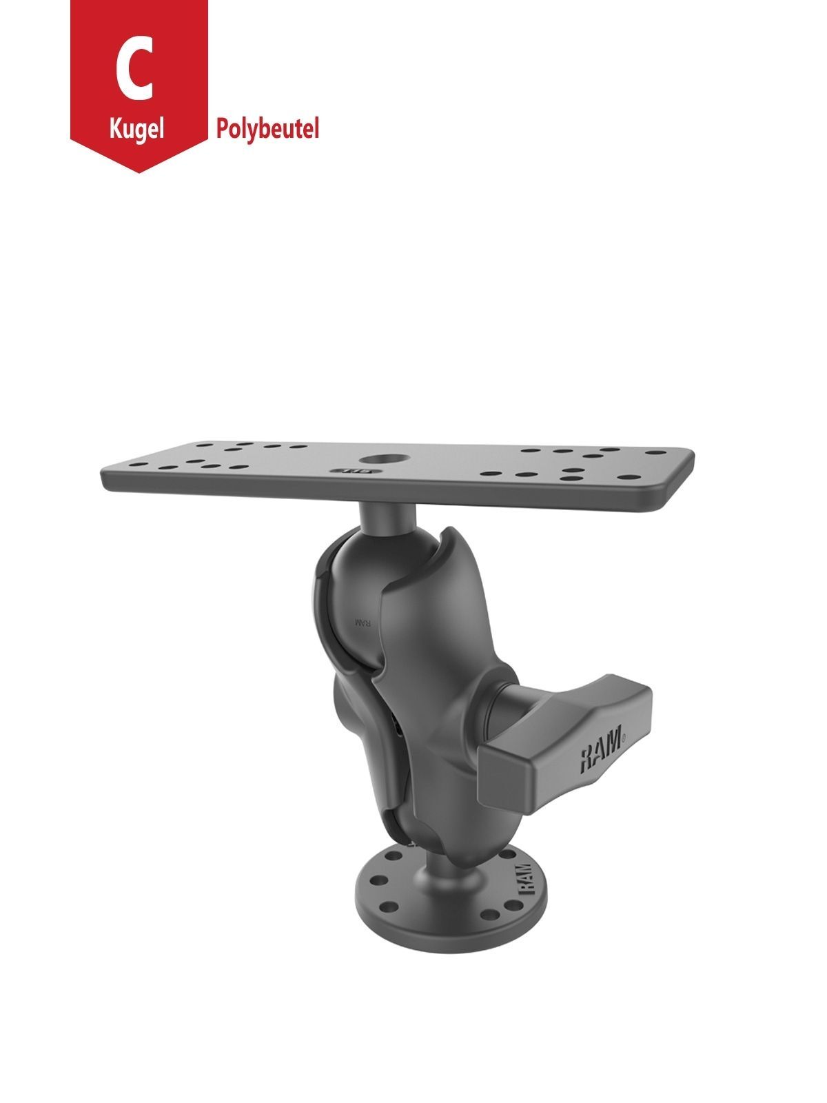 RAM Mounts Aufbau-Set - runde Basisplatte (AMPS), kurzer Verbindungsarm, Adapter-Platte (div. Lochraster), C-Kugel (1,5 Zoll), im Polybeutel