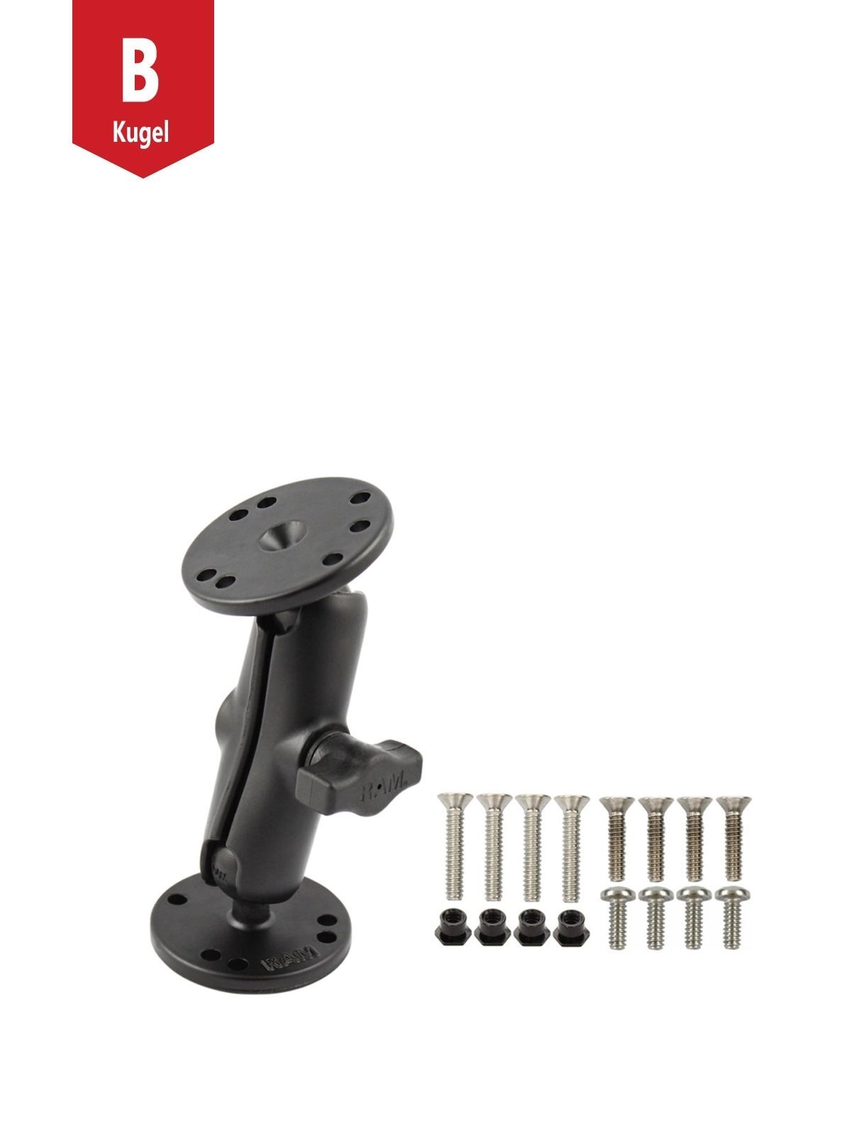RAM Mounts Aufbau-Set - B-Kugel (1 Zoll) - 2x Runde Basisplatten (AMPS) - Mittlerer Verbindungsarm (ca. 94,74 mm) - Schrauben-Set