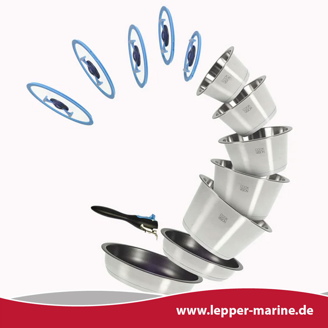 CookVision Nesto Topf- und Pfannenset mit abnehmbarem Griff und Deckeln in einer Bogenanordnung