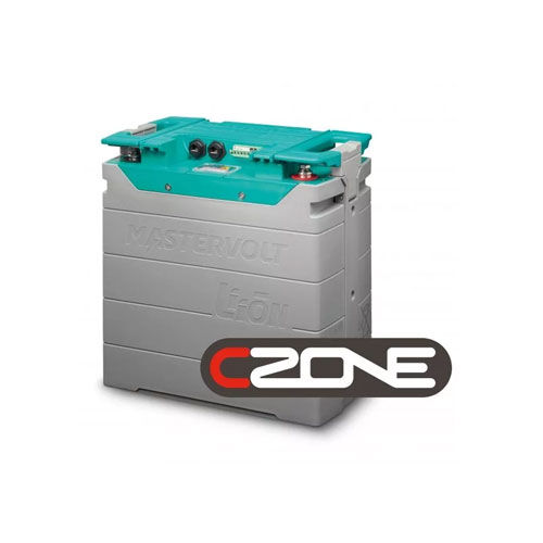 Mastervolt Lithium Ionen Batterie in Grau und Türkis mit CZone Logo vor weißem Hintergrund