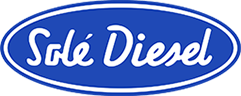 Blaues Solé Diesel Markenlogo mit weißer geschwungener Schrift in einer doppelten Ellipse