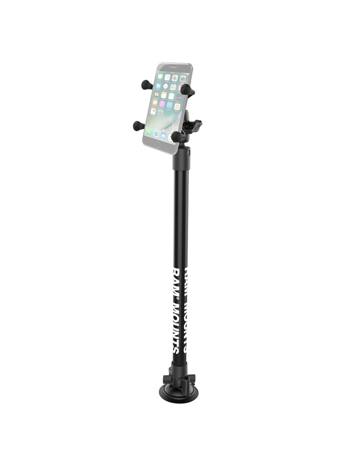 RAM Mounts Stand-Saugfuss mit Universal X-Grip Klammer für Smartphones - Saugfuss, Kunststoffrohr (ca. 450 mm), kurzer Verbindungsarm, X-Grip Haltekla