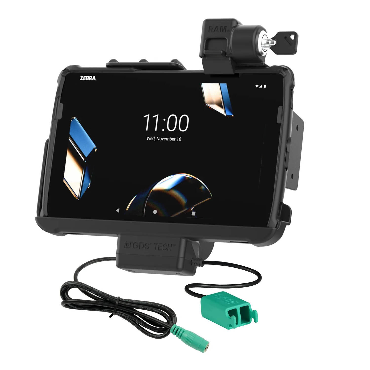 RAM Mounts Form-Fit Halteschale (Schlüsselverriegelung) für Zebra ET40 & ET45 (10“) Tablets - In Rugged Boot - 5.5mm DC & Dual USB-A-Anschluss