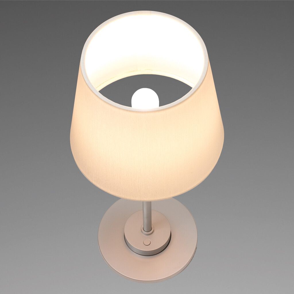 LED-Tischleuchte KATI table, chrom-matt, warmweiß, Schirm rund weiß, 10-30V DC, max. 6W, mit Dimmer
