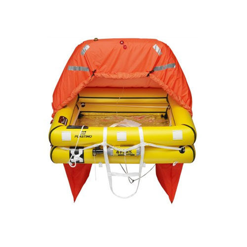 Aufblasbare Plastimo Rettungsinsel Ocean Lepper Marine mit orangem Verdeck und gelbem Korpus in Vorderansicht.