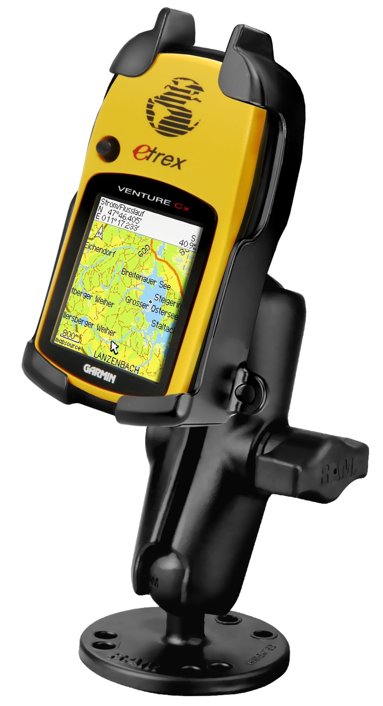 RAM Mounts Aufbau-Halterung Garmin eTrex Color Geräte - B-Kugel (1 Zoll), runde Basisplatte (AMPS), mittlerer Verbindungsarm