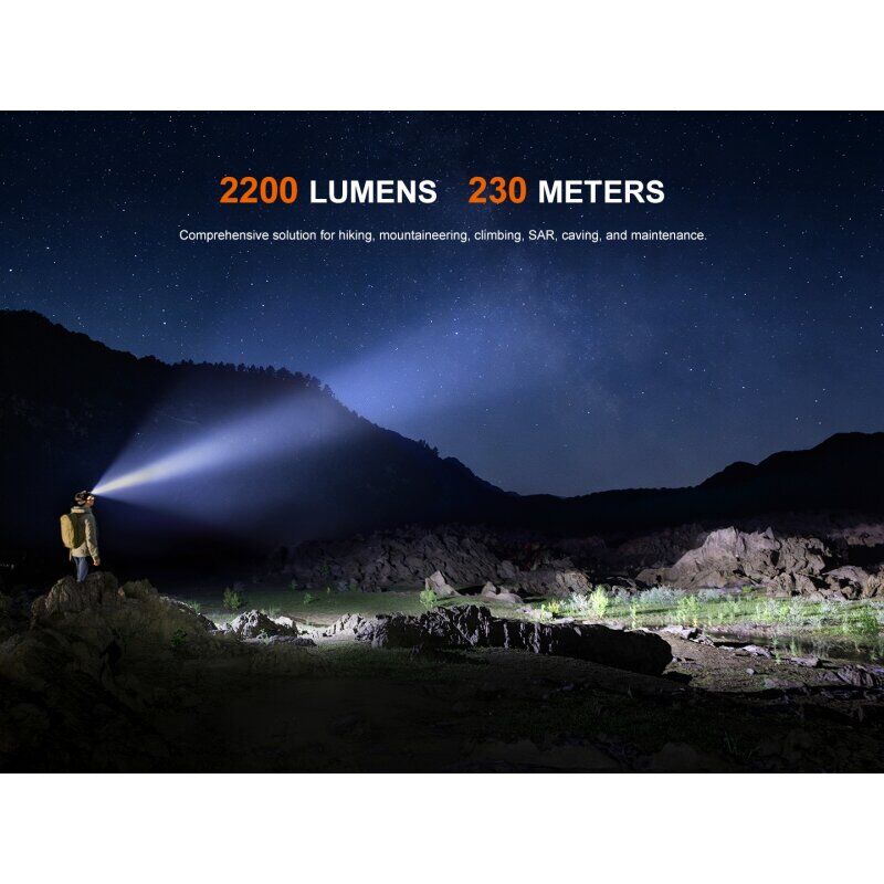 Fenix HM65R V2.0 Stirnlampe mit 2.200 Lumen in Anwendung, ideale Stirnlampe fuer Outdoor-Aktivitaeten.