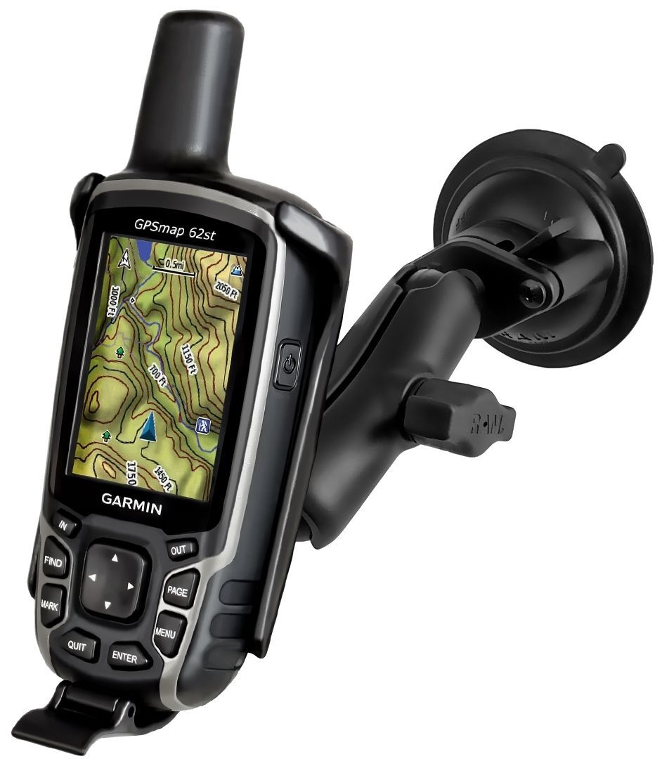 RAM Mounts Verbundstoff Saugfuss-Halterung Garmin GPSMAP 62/64 - 2x Diamond-Basisplatte (Trapez), mittlerer Verbindungsarm, Halteschale, B-Kugel (1 Zo