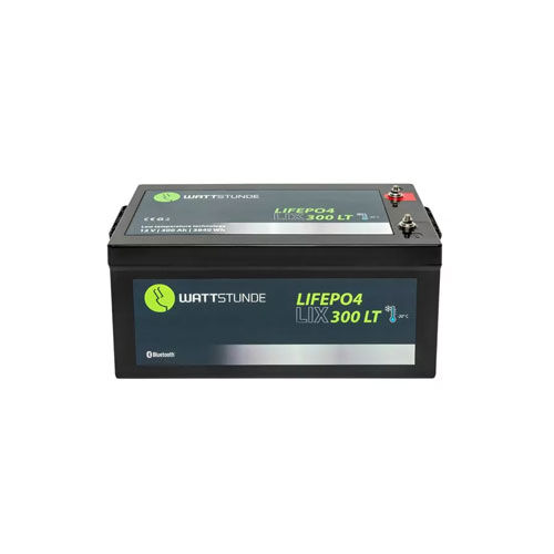 Wattstunde LiFePO4 LIX 300 LT Versorgungsbatterie mit schwarzem Gehäuse und integriertem Bluetooth vor weißem Hintergrund.