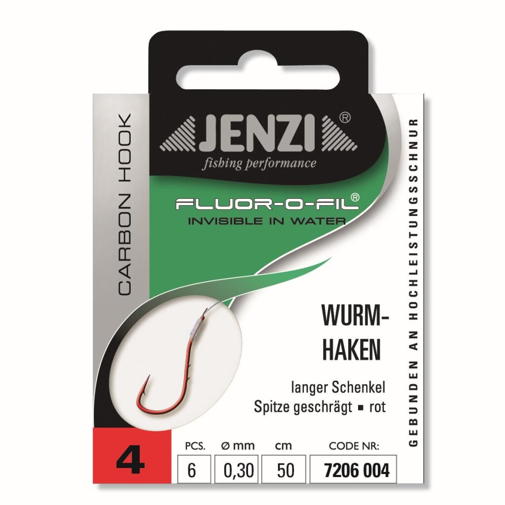 Jenzi Wurmhaken, Gebunden an Fluor Carbon, Größe 4, 0,30 mm, 50 cm