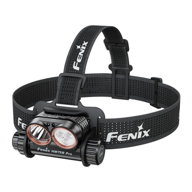 Fenix HM75R Pro Magnesium Multi-LED Stirnlampe mit verstellbarem Kopfband und zwei Reflektoren auf weißem Grund