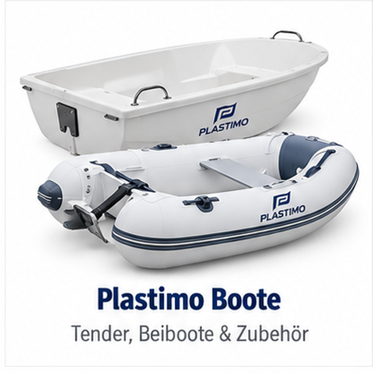 Zwei Plastimo Boote, ein weisses festes Beiboot und ein aufblasbares Schlauchboot, vor weissem Hintergrund.
