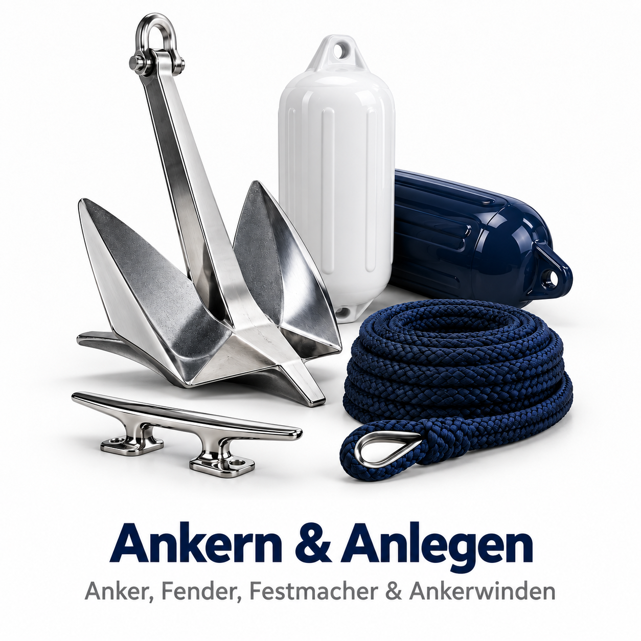 Bootszubehör für Ankern und Anlegen mit einem Edelstahlanker, Fender und blauer Festmacherleine auf weißem Grund