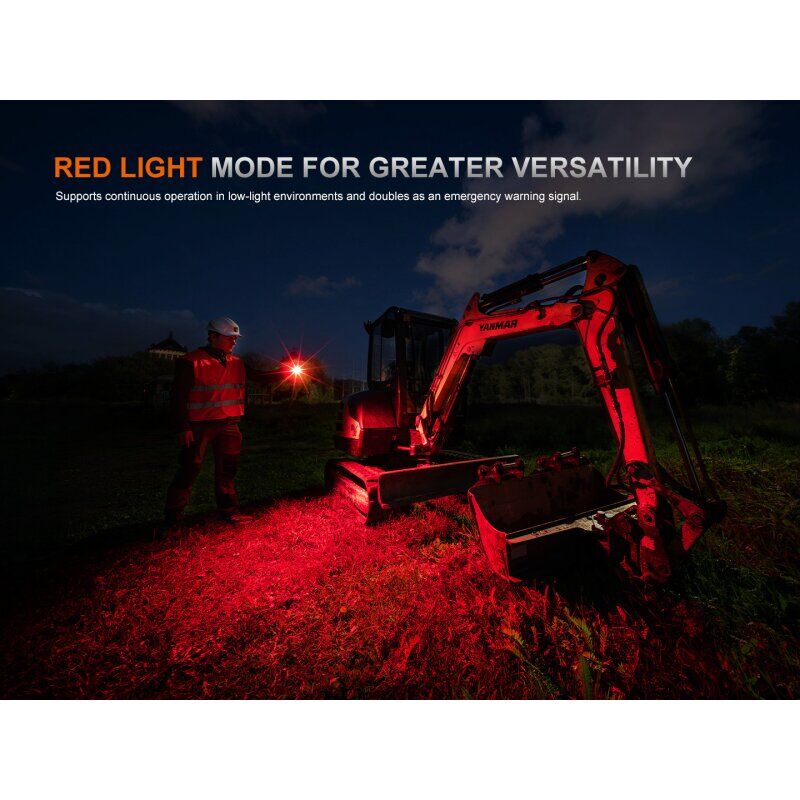 Die Fenix HM71R V2.0 LED Stirnlampe im Rotlicht-Modus leuchtet bei Dunkelheit einen Bagger und Arbeiter aus.