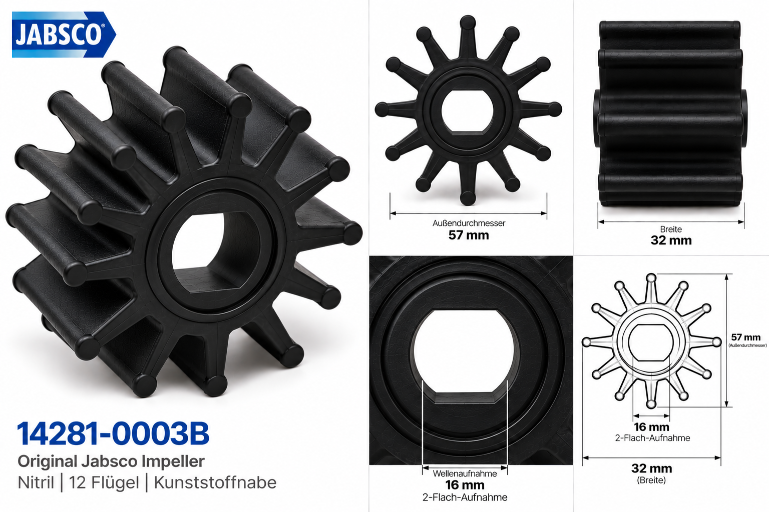 Jabsco Impeller BG040 NIT 2FL mit Maßangaben in einer technischen Zeichnung