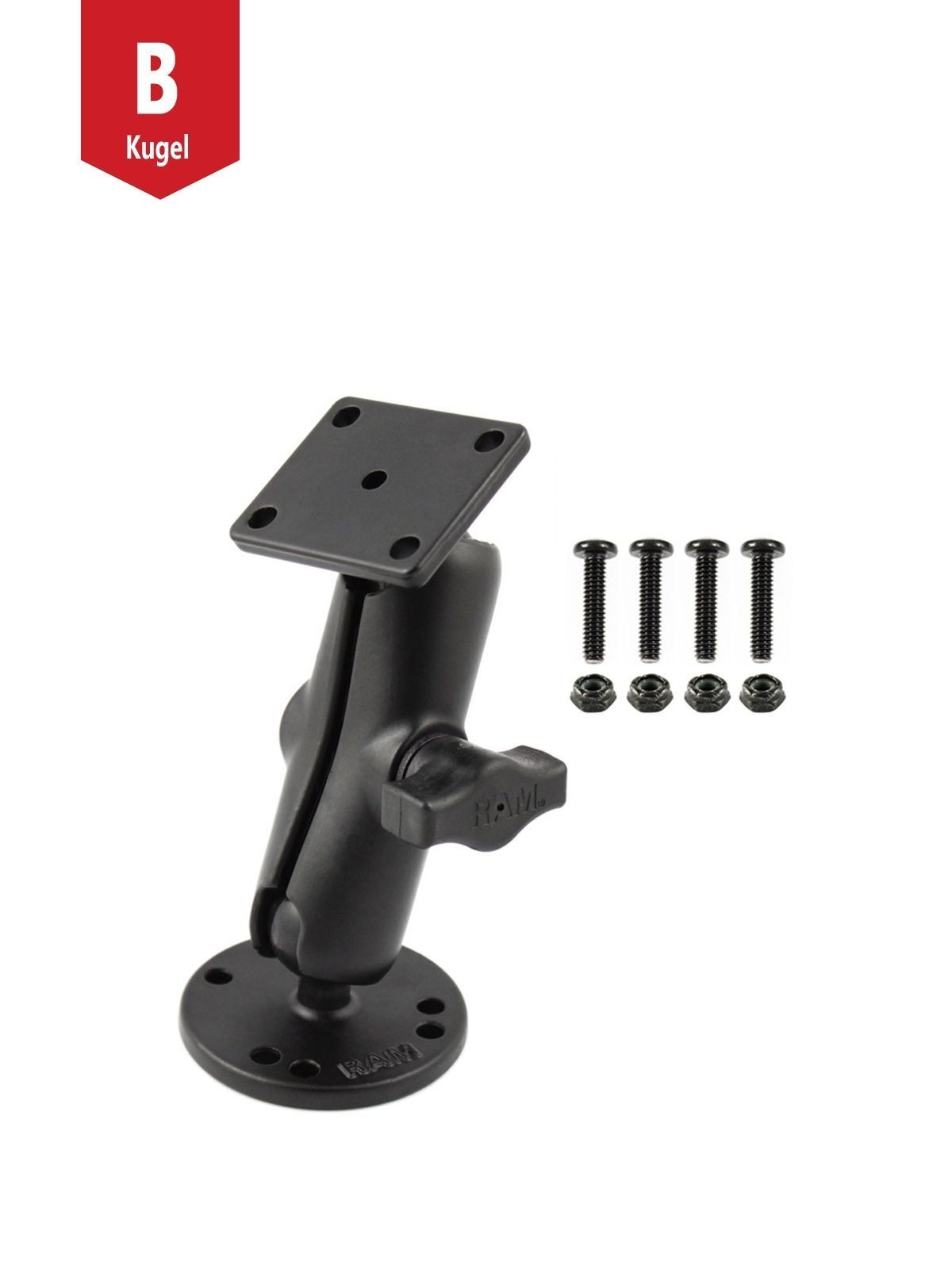 RAM Mounts Aufbau-Set Garmin GPSMAP 600 Serie - B-Kugel (1 Zoll), runde Basisplatte (AMPS), mittlerer Verbindungsarm, rechteckige Basisplatte, Schraub