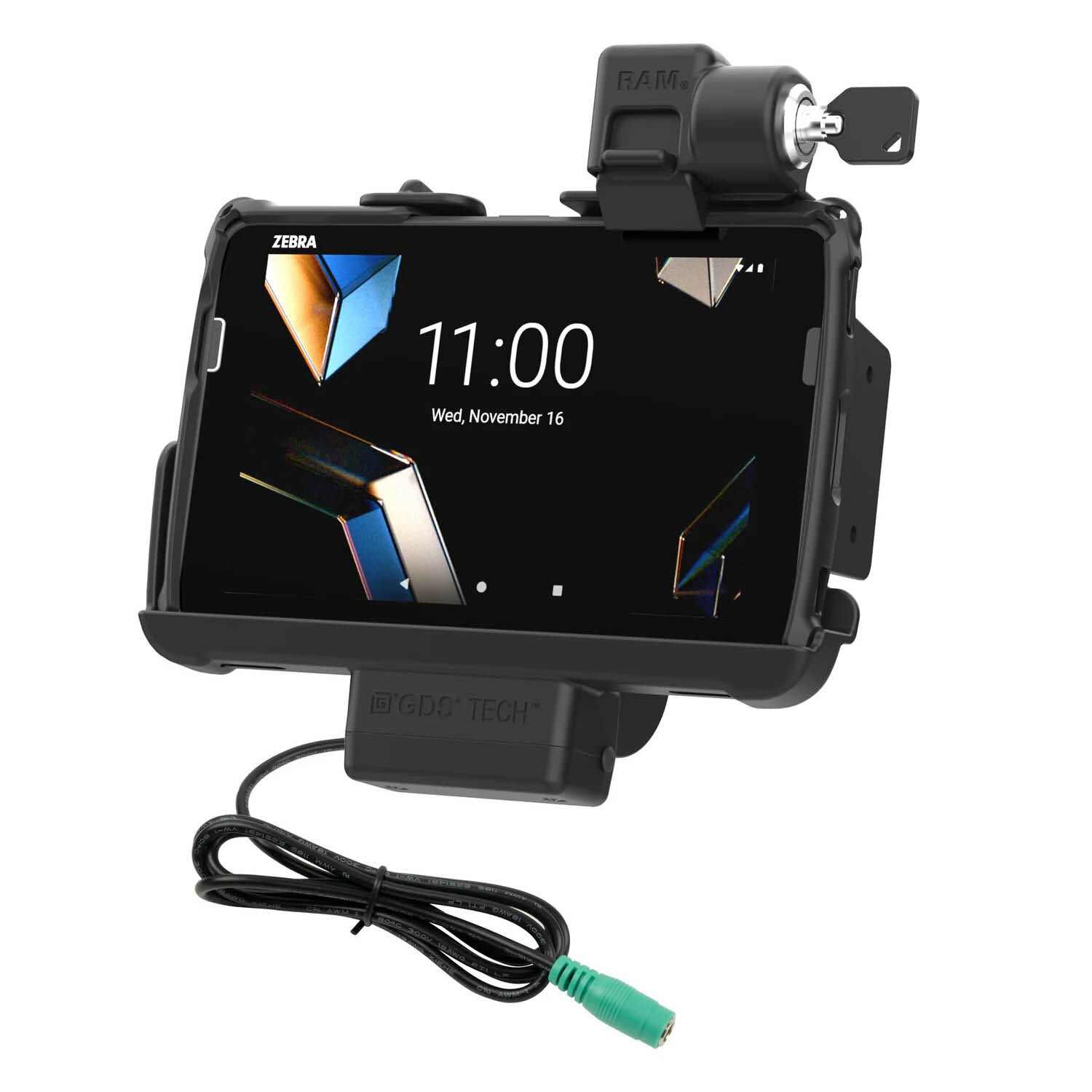 RAM Mounts EZ-Roll'r Halteschale (Schlüsselverriegelung) für Zebra ET40 & ET45 (8“) Tablets - In Rugged Boot - 5.5mm DC-Anschluss
