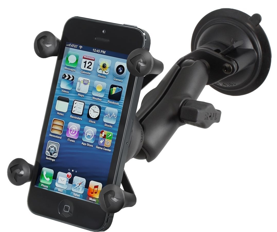 RAM Mounts X-Grip Saugfuß-Halterung für Smartphones (Verbundstoff) - Bis 82,55 mm Breite - Mittlerer Verbindungsarm - Saugfuß mit Trapez-Basiskugel - B-Kugel (1 Zoll) - Schrauben-Set