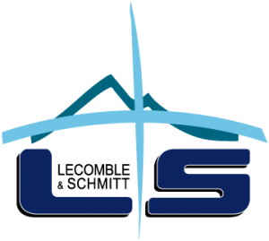 Das offizielle Logo der Marke Lecomble und Schmitt mit blauen Buchstaben und Grafikelementen.