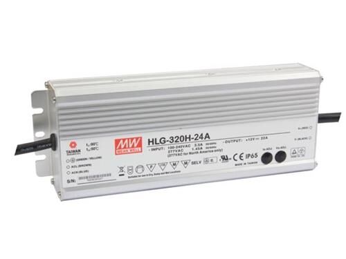 LED-Trafo MeanWell HLG-320H-24A, 264W, 90-305Vac, 47-63 Hz, 24Vdc, 252x90x43,8,mm, IP65