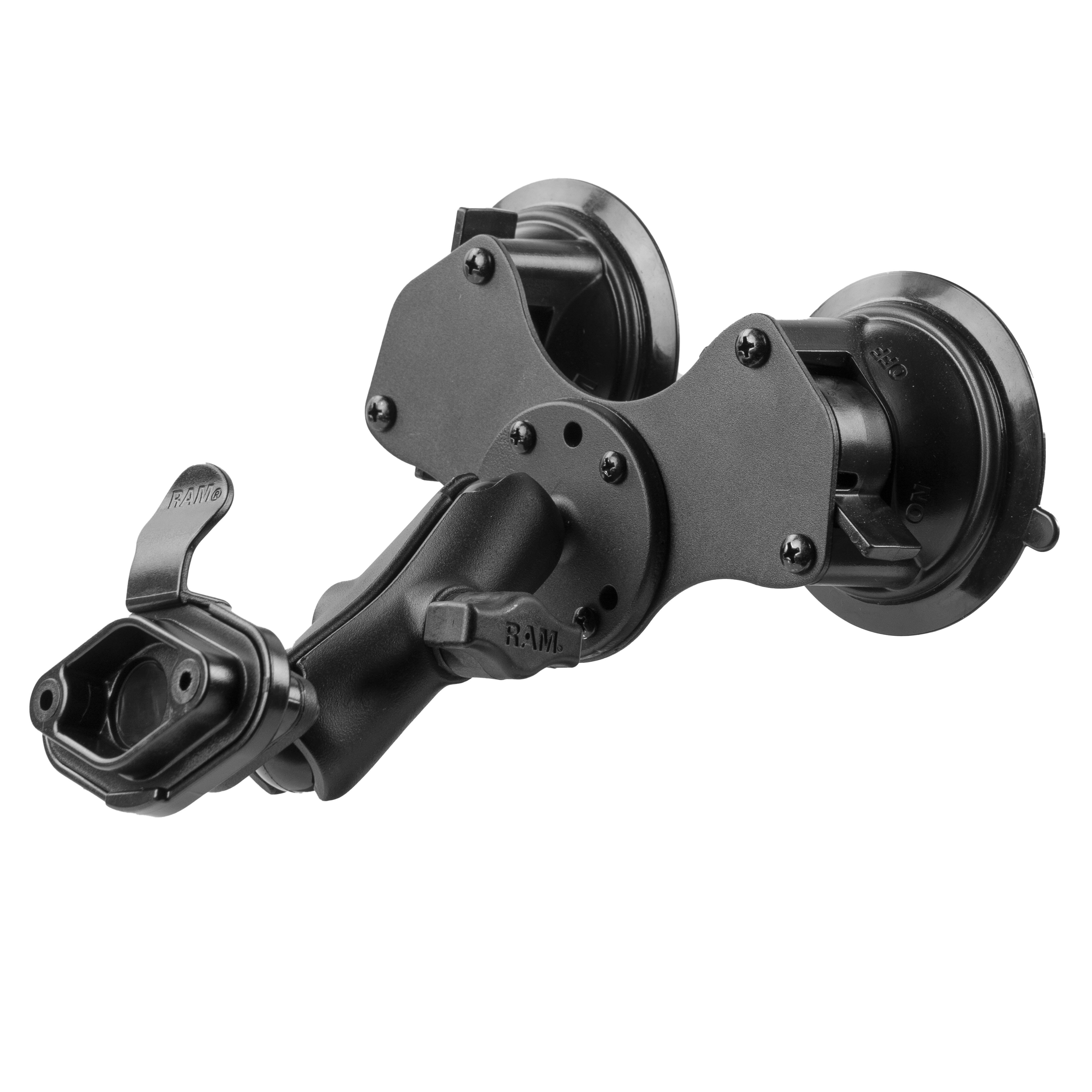RAM Mounts Doppel-Saugfusshalterung mit Quick Release Adapter - B-Kugel (1 Zoll), mittlerer Verbindungsarm, 2-Loch AMPS