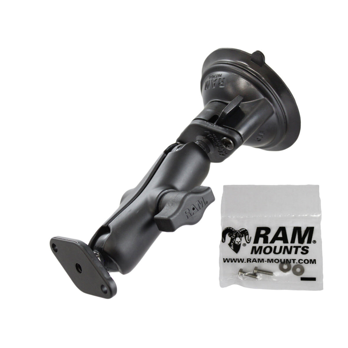 RAM Mounts Saugfuss-Halterung TomTom Rider - mittlerer Verbindungsarm, 2x Diamond-Basisplatte (Trapez), Schrauben-Set, B-Kugel (1 Zoll), im Polybeutel