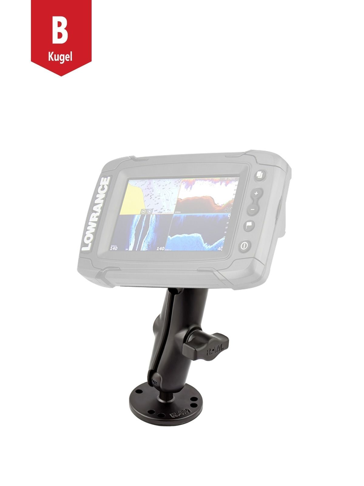 RAM Mounts Marine-Set für Lowrance Elite-4 & Mark-4 - B-Kugel (1 Zoll) - Runde Basisplatte (AMPS) - Mittlerer Verbindungsarm (ca. 152,4 mm) - Lowrance-Adapter