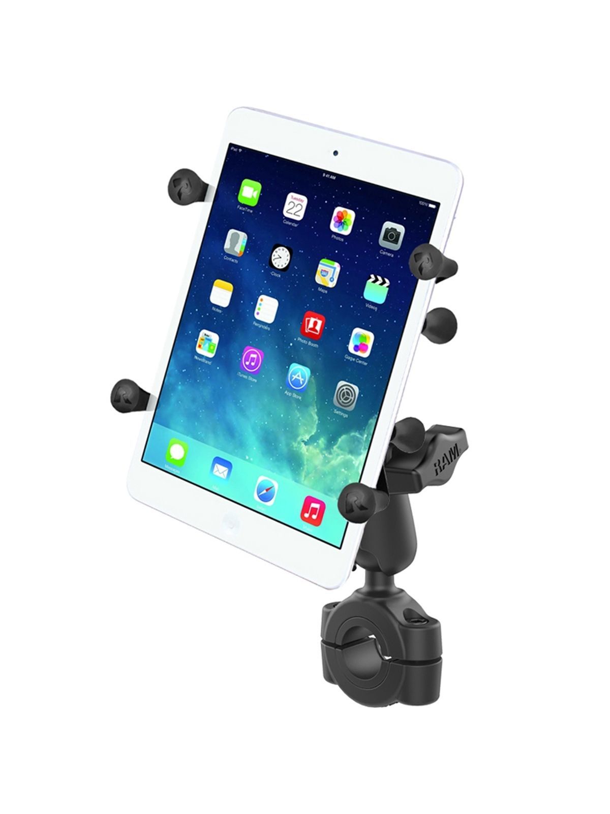 RAM Mounts X-Grip Motorrad-Halterung für 7-8 Zoll Tablets - Mittlerer Verbindungsarm - Mittlere Torque Rohrschelle (Durchmesser 19,05 mm bis 25,4 mm) - B-Kugel (1 Zoll)