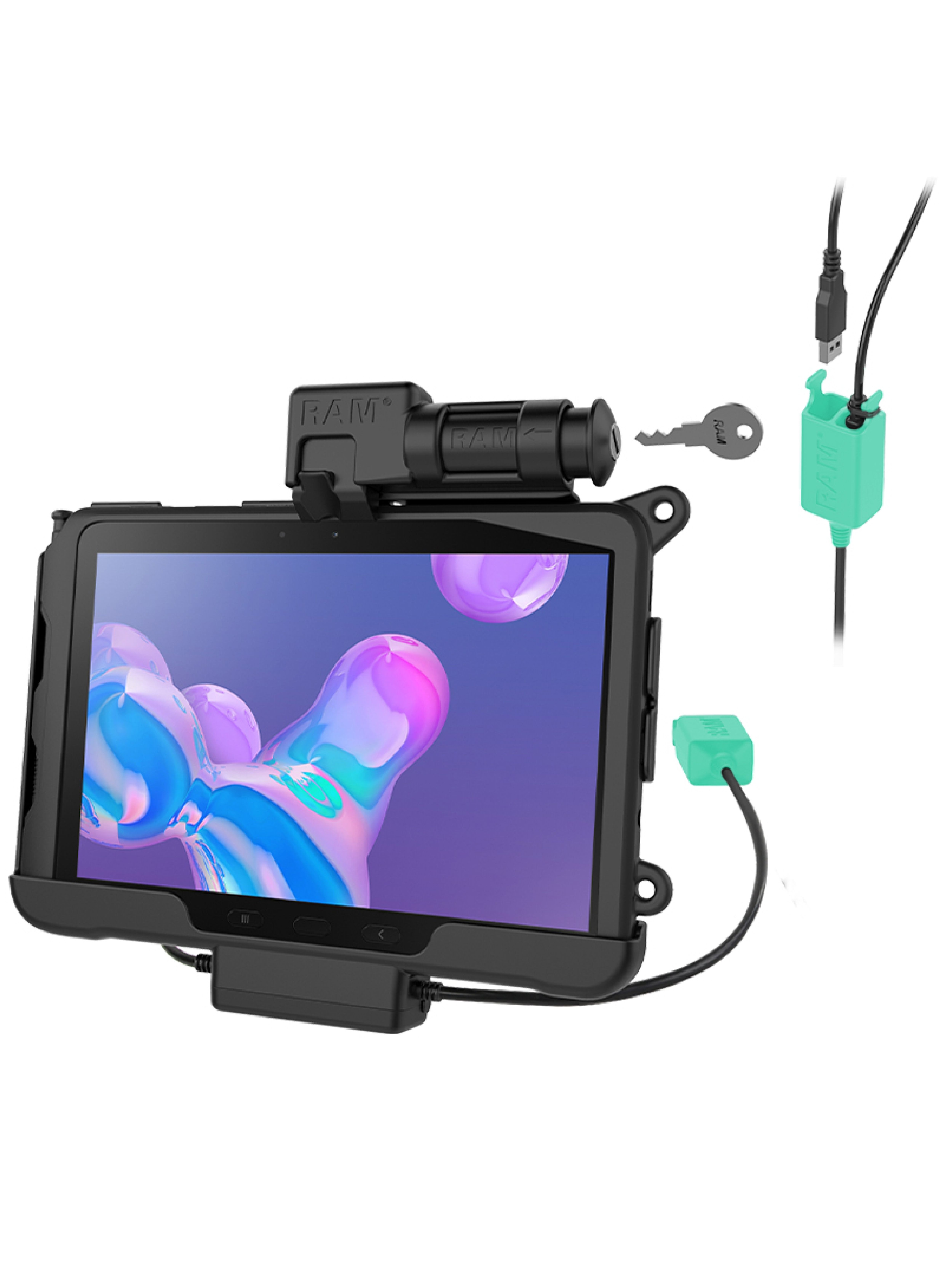 RAM Mounts Form-Fit Halteschale (Schlüsselverriegelung) für Samsung Tab Active4 Pro & Active5 Pro - in OEM/RAM Schutzhülle - MicroUSB & USB-A Dual Anschluss