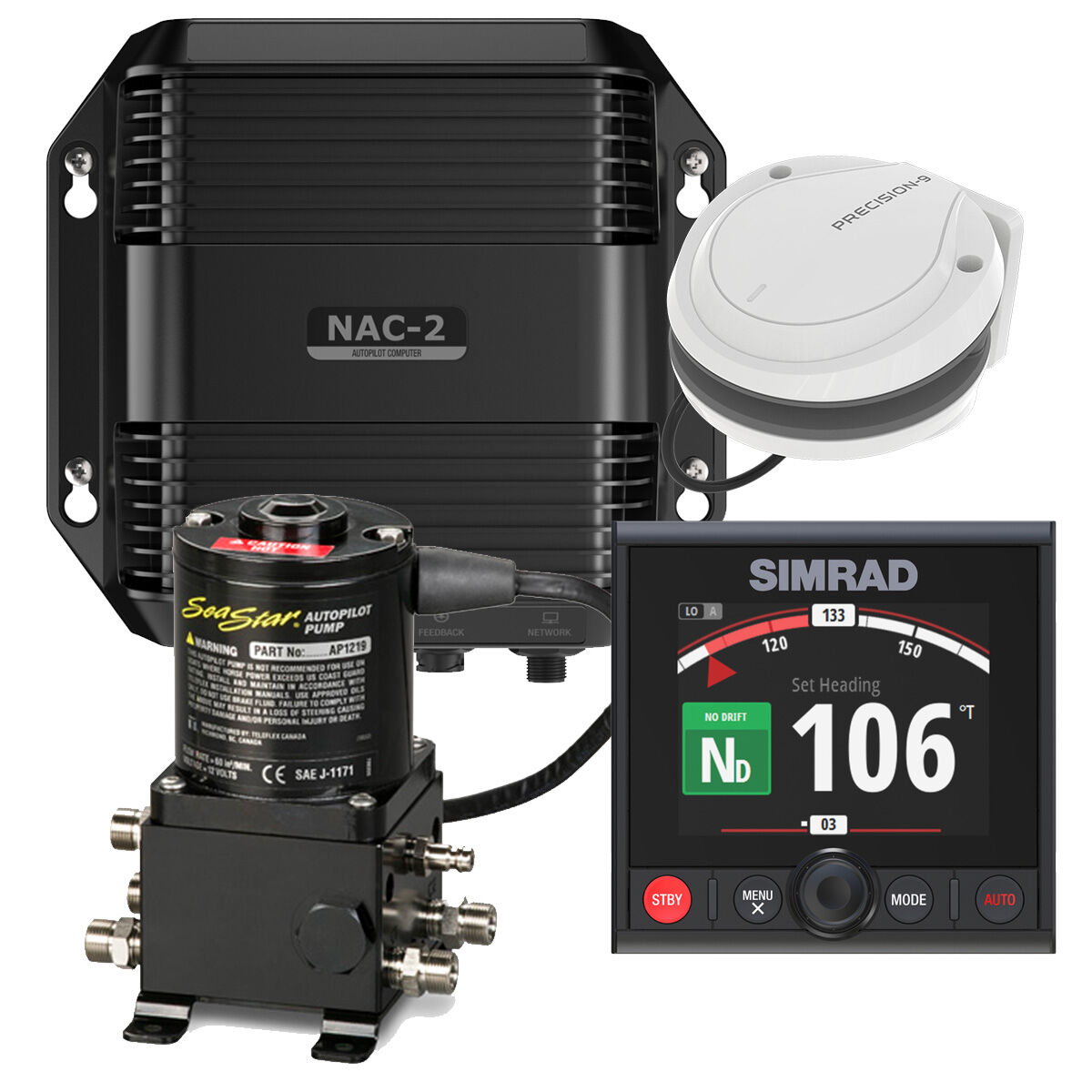Collage_NAC2_AP44_SeaStar_Set_Bundle Simrad NAC-2 Autopilot SeaStar Set Hydraulik mit AP44