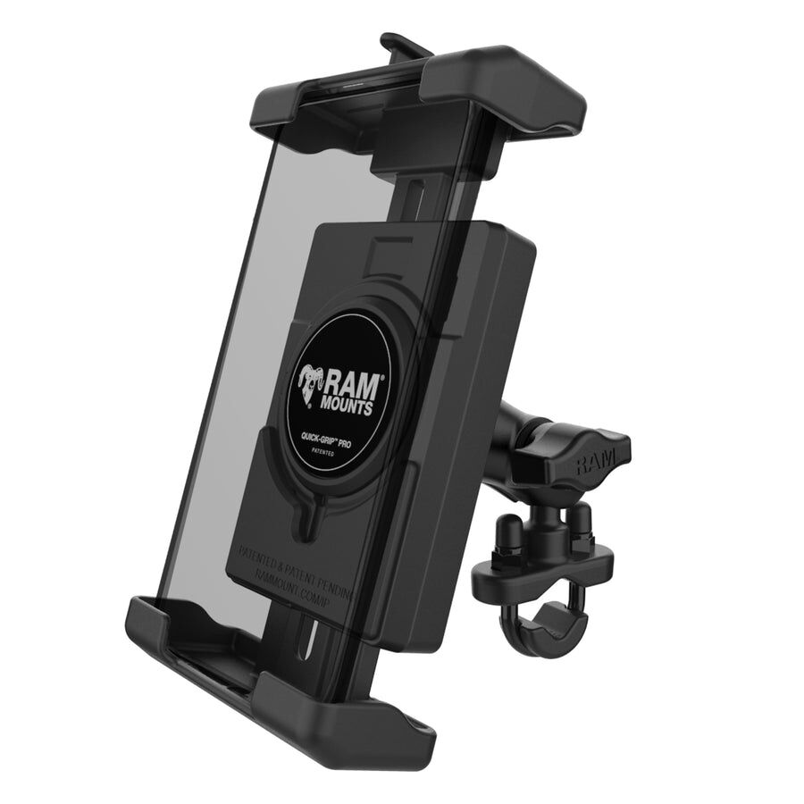 RAM Mounts Quick-Grip™ Pro XL Universal Lenker-/Rohr-Halterung - B-Kugel (1 Zoll), Schraub-Klemme (12,7-31,8 mm), kurzer Verbindungsarm, MagSafe kompatibel