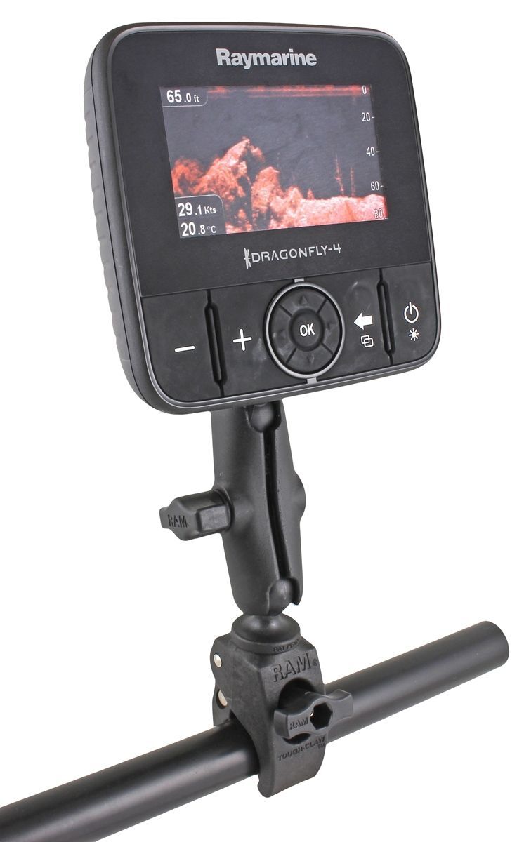 RAM Mounts Tough-Claw Marinehalterung - B-Kugel (1 Zoll), Tough-Claw klein (Durchmesser 15,9-29,0 mm), mittlerer Verbindungsarm (ca. 90 mm), Raymarine-Adapter