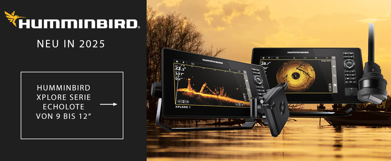 Humminbird Xplore Echolote der neuen Serie 2025 mit Display und Geber vor einer abendlichen Wasserlandschaft.