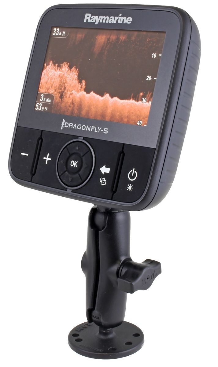 RAM Mounts Marine Aufbau-Halterung Raymarine - B-Kugel (1 Zoll), runde Basisplatte (AMPS), mittlerer Verbindungsarm, Raymarine-Adapter