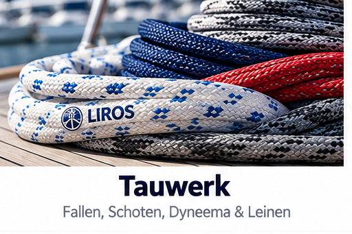Verschiedene farbige LIROS-Tauwerk Leinen, Fallen und Schoten auf einem Schiffsdeck.