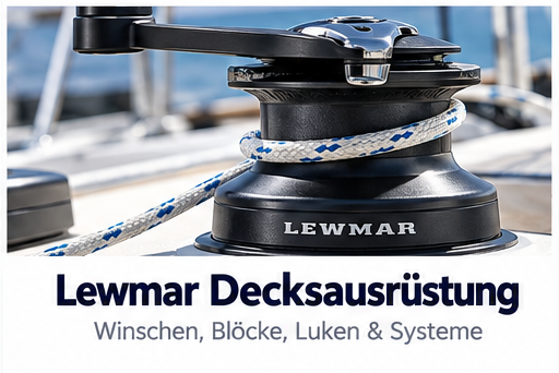 Schwarze Lewmar Winsche mit eingesteckter Kurbel und Tauwerk auf dem Bootsdeck eines Segelbootes